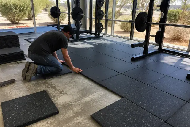 A technician installing heavy-duty rubber floor tiles in a commercial gym in Phoenix, AZ.