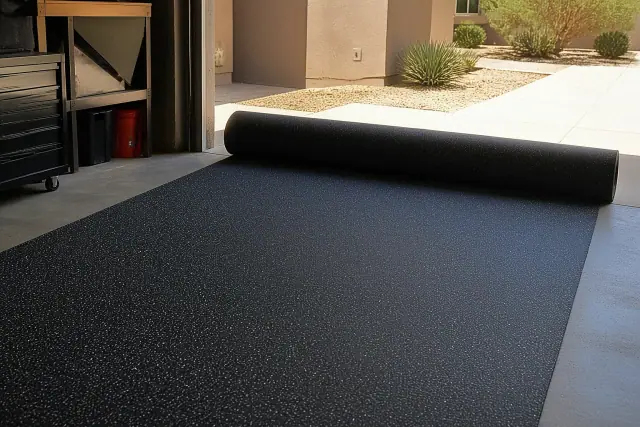 A worker unrolling sheets of recycled rubber flooring on a concrete garage floor in Phoenix, AZ.