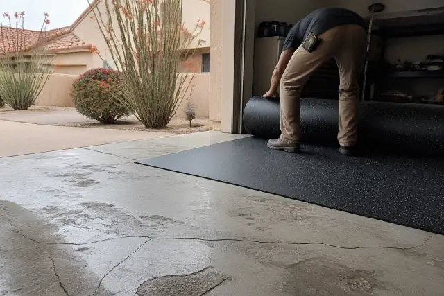 Worker unrolls recycled rubber flooring over a cracked and pitted concrete garage floor in Phoenix, AZ.