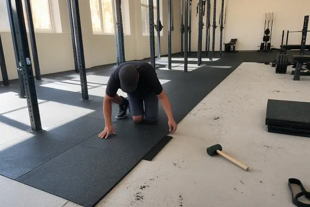Contractor installing heavy-duty rubber gym flooring on a concrete slab at a fitness facility in Phoenix, AZ.
