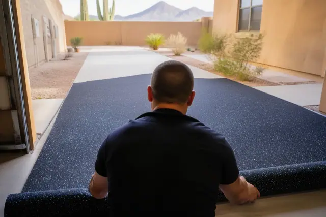 Worker installing recycled rubber flooring on a concrete garage floor in Phoenix, AZ.