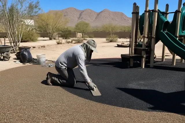Contractor installing rubber playground surfacing near desert mountains in Phoenix, AZ.