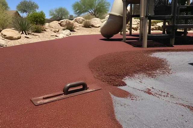 Technician troweling engineered rubber turf for a playground surface in Phoenix, AZ.