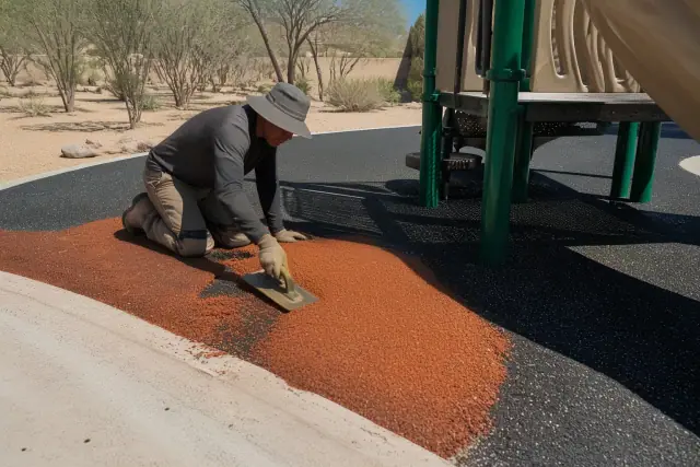 Contractor troweling rubber playground surfacing on a jobsite in Phoenix, AZ.