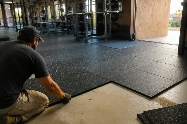 Technician installing speckled rubber gym tiles onto a concrete slab in a Phoenix, AZ fitness center.