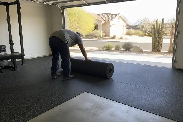 Worker installing rubber flooring in a garage with Phoenix, AZ desert views visible through the open door.