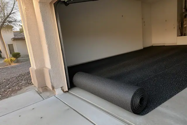 Worker unrolling recycled rubber flooring sheets on a clean concrete garage floor in Gilbert, AZ.