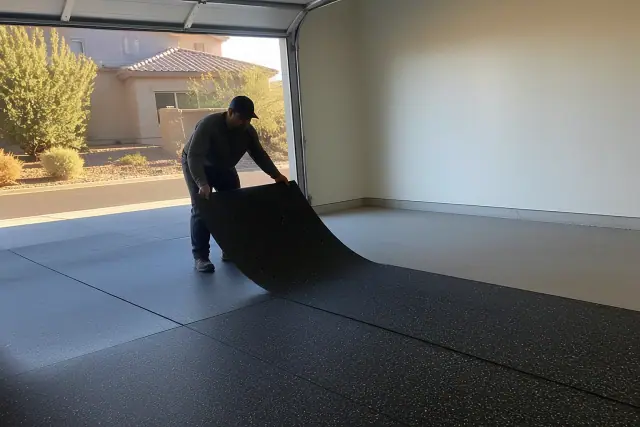 Worker installing recycled rubber flooring on a concrete garage floor in Tempe, AZ.