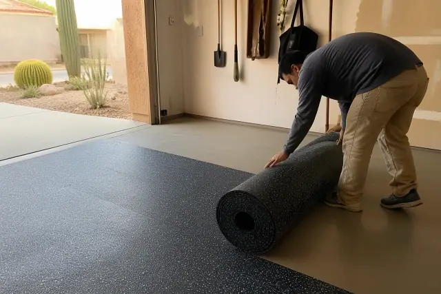 Worker installing rubber flooring on a garage concrete floor in Goodyear, AZ.