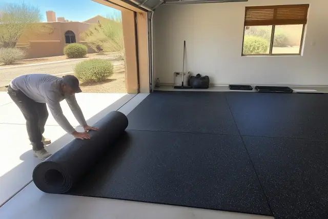 Worker installing rubber flooring on a concrete garage floor in Mesa, AZ.