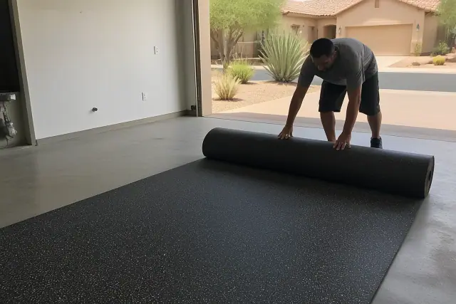Worker installing recycled rubber flooring in a Scottsdale, AZ garage with desert landscaping visible outside.