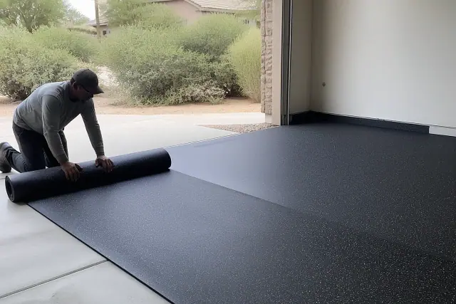 A worker installing rubber flooring on a concrete garage floor in Surprise, AZ.