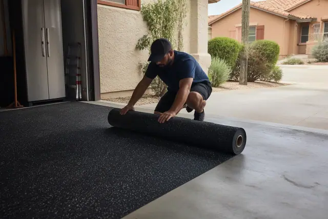 Contractor installing recycled rubber flooring in a residential garage in Glendale, AZ.