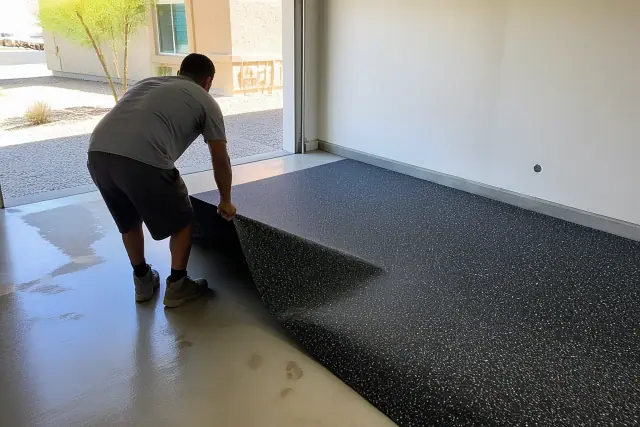 Contractor unrolling black recycled rubber flooring onto a concrete garage floor in Peoria, AZ.
