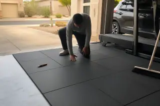 Technician inspecting rubber floor tile seams in a Phoenix, AZ garage gym with a parked car nearby.