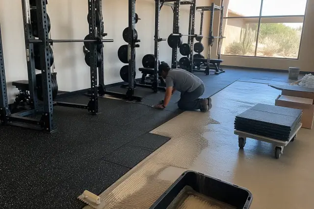 Technician installing rubber floor tiles in a Phoenix, AZ fitness center free weight zone.