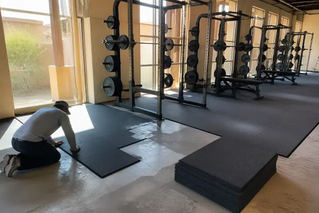 Technician installing glue-down rubber floor tiles in a Phoenix, AZ fitness center free-weight zone.