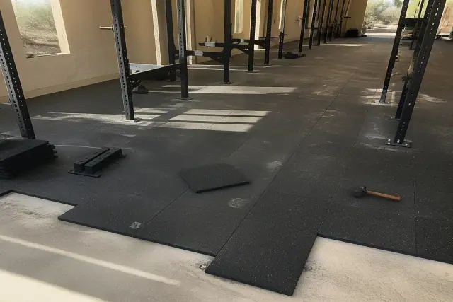Technician installing heavy-duty rubber gym flooring onto a concrete slab in Phoenix, AZ.