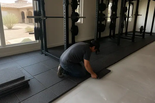 Technician installing rubber gym tiles over a concrete slab in a Mesa, AZ home gym.
