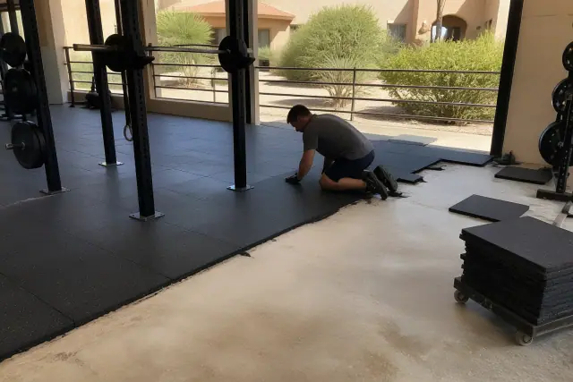 Technician installing heavy-duty rubber gym flooring on a concrete slab at a fitness center in Chandler, AZ.