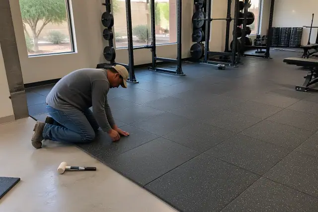 Technician installing rubber gym flooring on a concrete slab in Surprise, AZ.