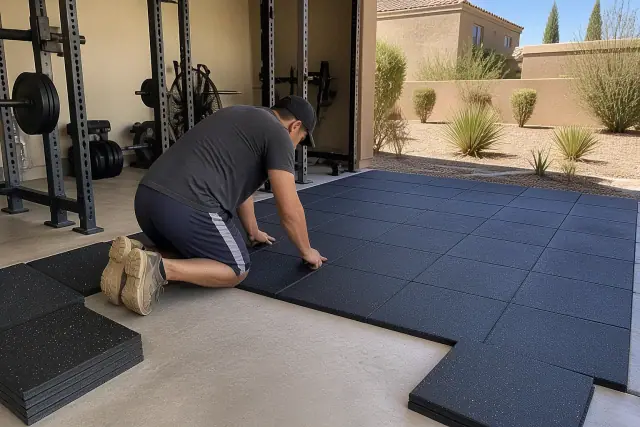 Technician installing rubber gym flooring on a concrete slab in Gilbert, AZ.