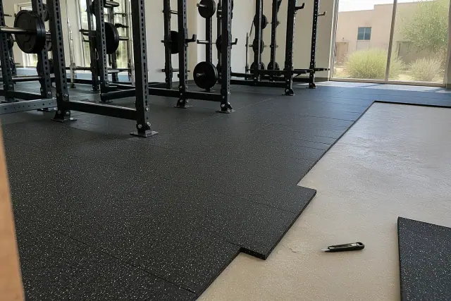 Technician installing heavy-duty rubber gym tiles on a concrete floor in Goodyear, AZ.