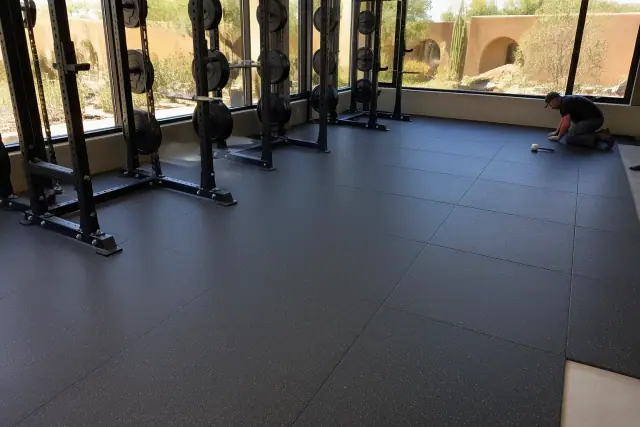Technician installing rubber gym flooring over a concrete slab in a Scottsdale, AZ fitness facility.