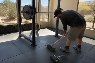 Contractor cleaning rubber gym floor seams under a squat rack in Phoenix, AZ.