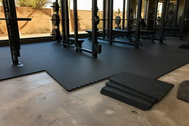 Technician installing heavy-duty rubber gym flooring on a concrete slab in Phoenix, AZ.