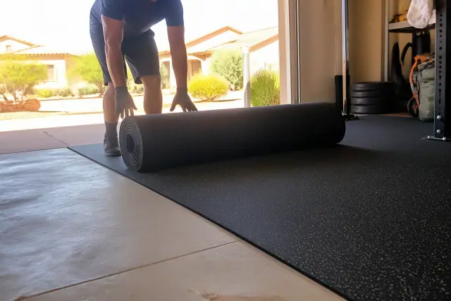 Worker installing black rubber gym flooring in a residential garage in Phoenix, AZ.