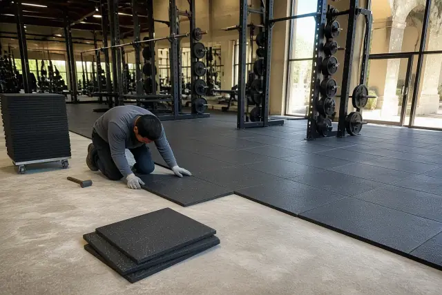 Technician installing rubber gym flooring in a Phoenix, AZ fitness center free weight zone.