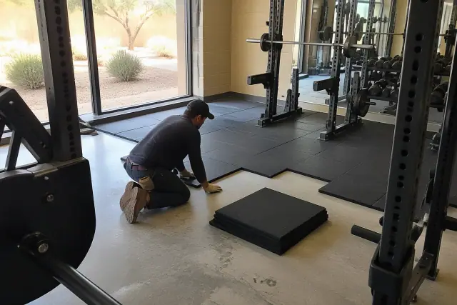 Technician installing heavy-duty rubber gym flooring on a concrete slab in Phoenix, AZ.