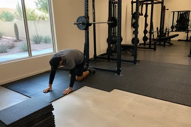 Technician installing rubber gym flooring over a concrete basement slab in Phoenix, AZ.