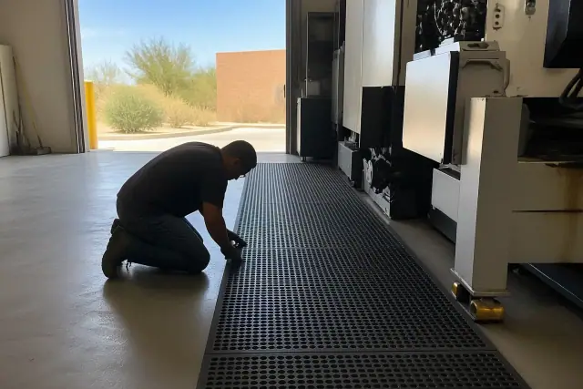 Worker installing anti-fatigue rubber mats near machinery on a warehouse floor in Phoenix, AZ.