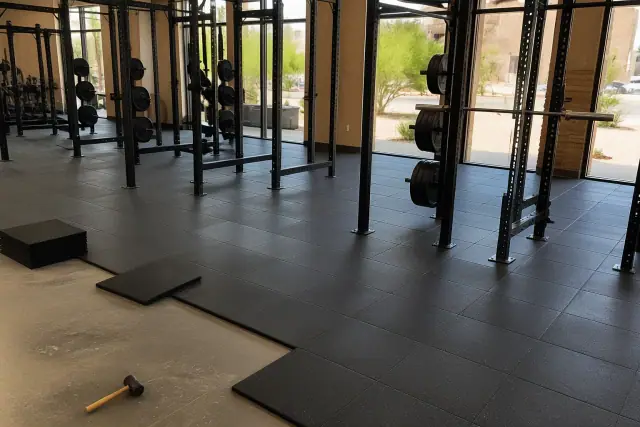 Technician installing rubber flooring tiles in a free-weight gym zone in Peoria, AZ.