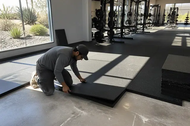Technician installing heavy-duty rubber floor tiles in a Tempe, AZ fitness center free weight zone.