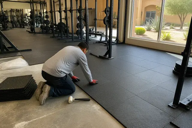 Technician installing heavy-duty rubber floor tiles in a Scottsdale, AZ fitness center free weight zone.