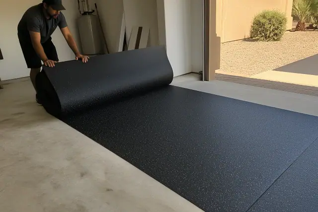 Worker installing industrial rubber flooring in a garage in Glendale, AZ.