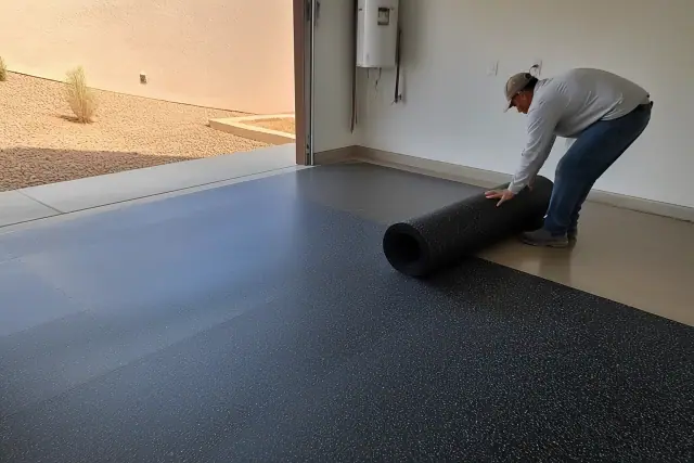 Worker installing recycled rubber flooring in a garage in Surprise, AZ.