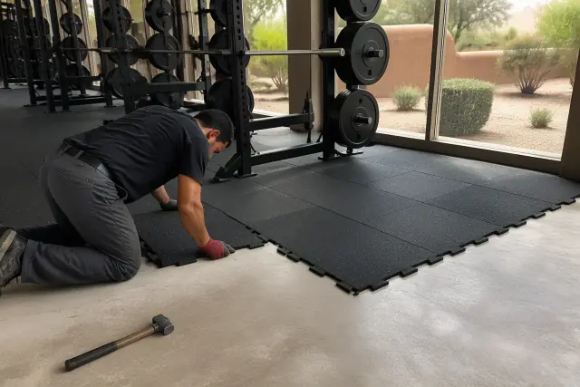 Technician installing heavy-duty rubber floor tiles in a Phoenix, AZ fitness center free weight zone.