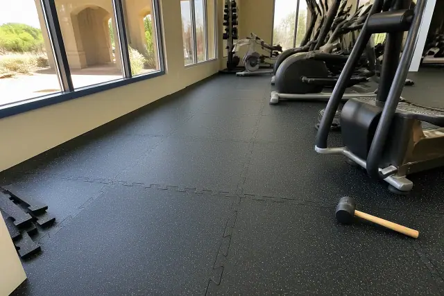 Interlocking rubber floor tiles installed in a Phoenix, AZ commercial office gym with cardio equipment.