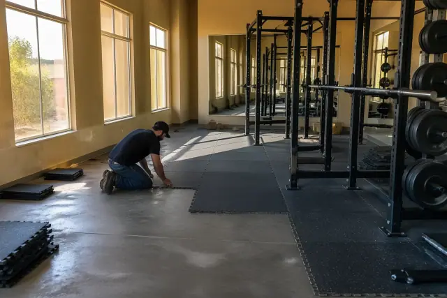 Technician installing rubber floor tiles in a Phoenix, AZ fitness center free weight zone.