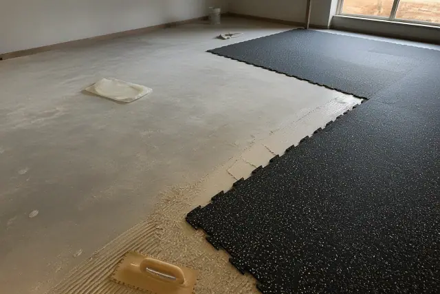 Contractor installing interlocking rubber floor tiles on a concrete basement floor in Phoenix, AZ.