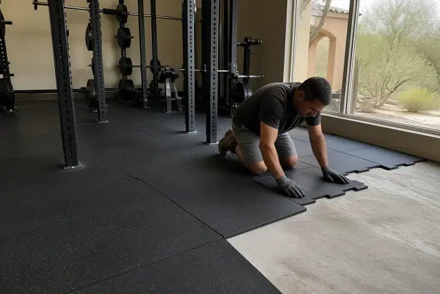 Technician installing interlocking rubber flooring tiles in a Phoenix, AZ fitness center free weight zone.