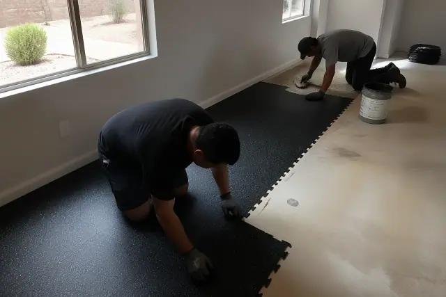 Crew members installing interlocking rubber flooring tiles in a residential basement in Phoenix, AZ.