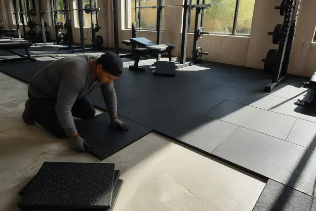 Technician installing rubber floor tiles in a fitness center free weight zone in Phoenix, AZ.