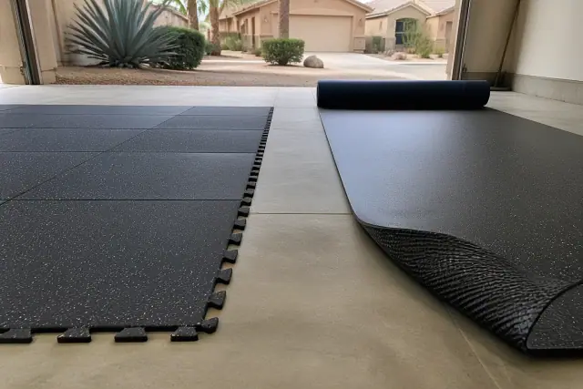 Side-by-side comparison of interlocking rubber tiles and a glue-down roll on a garage floor in Phoenix, AZ.