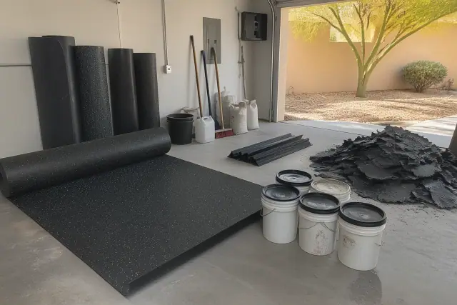 Recycled rubber flooring rolls and installation supplies laid out on a garage floor in Phoenix, AZ.