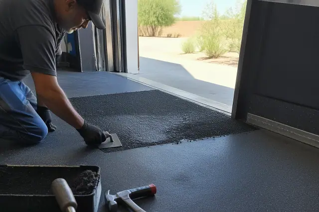 Contractor repairing industrial rubber flooring near a loading dock in Phoenix, AZ.
